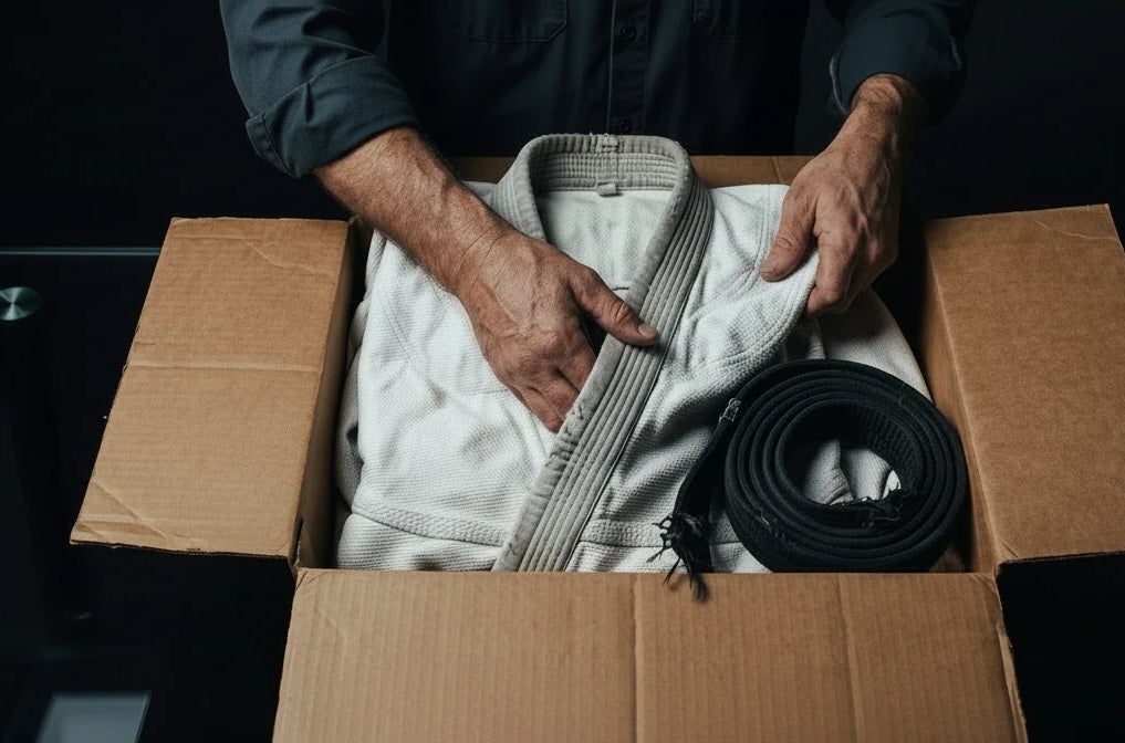 Folding a worn gi into a box to post to the Free Roll workshop