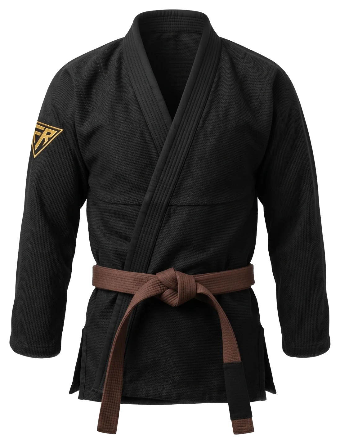 Free Roll black BJJ gi with a gold sleeve patch and a brown belt